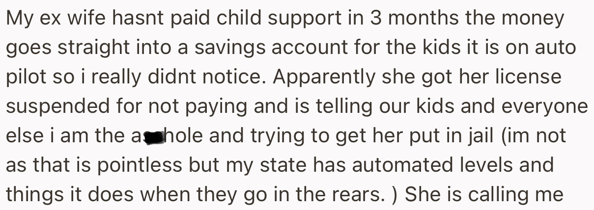The OP’s Ex-Wife Has Been Going Around Telling Everyone Who Cares to Listen That He’s Trying to Put Her in Jail for Not Paying Child Support