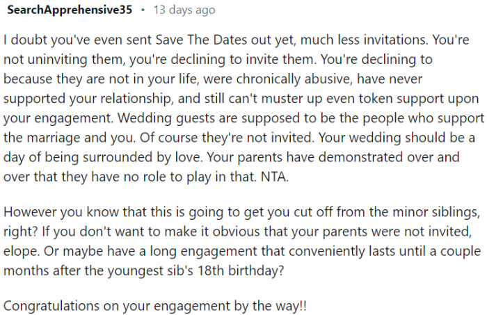 OP should decline to invite her abusive parents to her wedding because they have never supported her