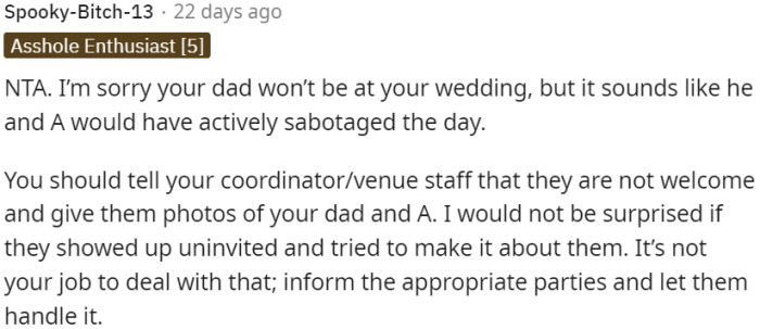 OP's dad and his wife are not welcome at the wedding
