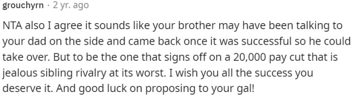 The decision to cut OP's pay reflects jealousy and sibling rivalry