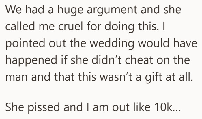 What began as a request for help ended in anger on both sides. The daughter rejected the idea, leaving the father feeling responsible for the entire bill.