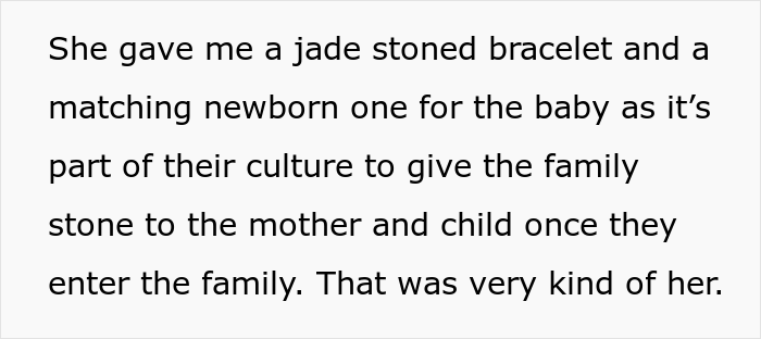 She tells everyone what her MIL got for her and baby to show that she's appreciative.