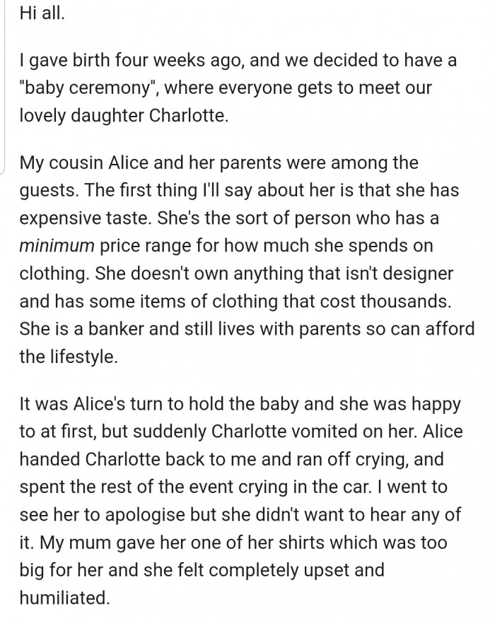 Alice and her expensive blouse got drenched in baby puke
