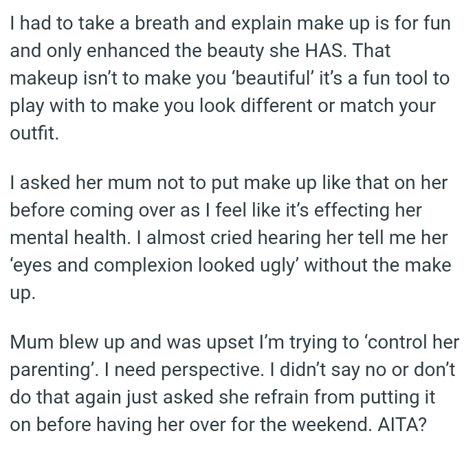 OP almost cried hearing her say her ‘eyes and complexion looked ugly’