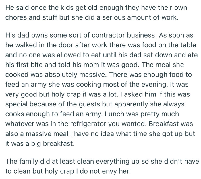 Her boyfriend’s mom also cooks a whole lot, every single day