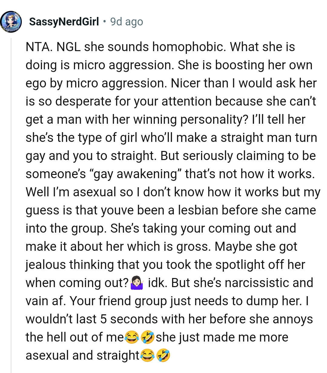 The OP has been a lesbian before she came into the group