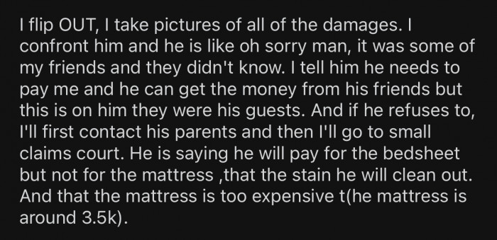 The roommate only agreed to replace the bedsheet but not the whole bed.