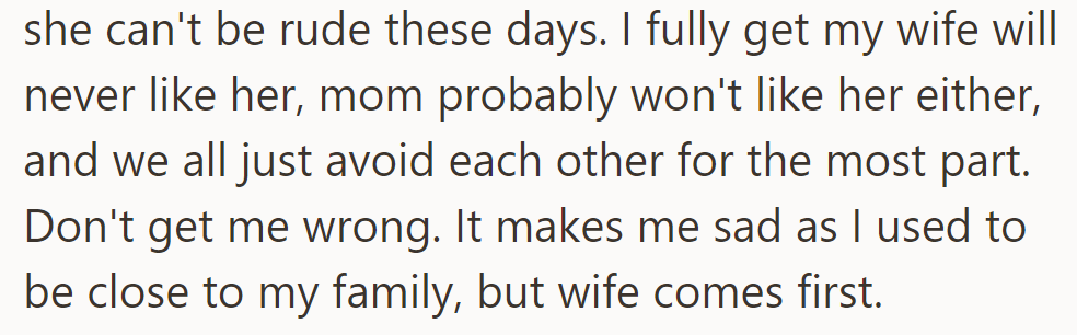His wife and mom don't click, so they steer clear. He puts his wife first, missing his family.