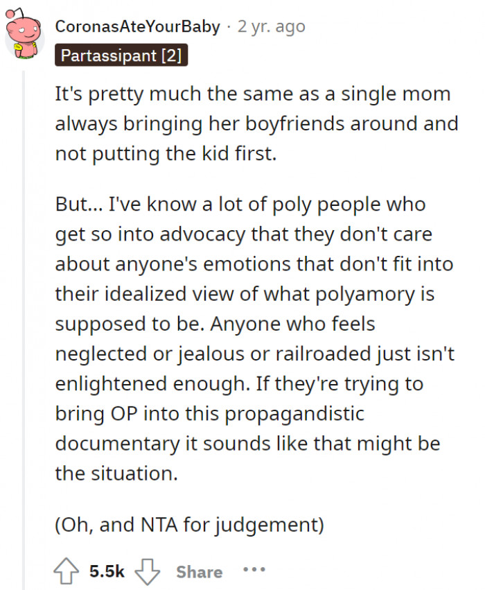 A single mom and her boyfriends—a similar situation. Also, trying to get a good testimonial from OP for a polyamory documentary without realizing their parenting lapses—wow.