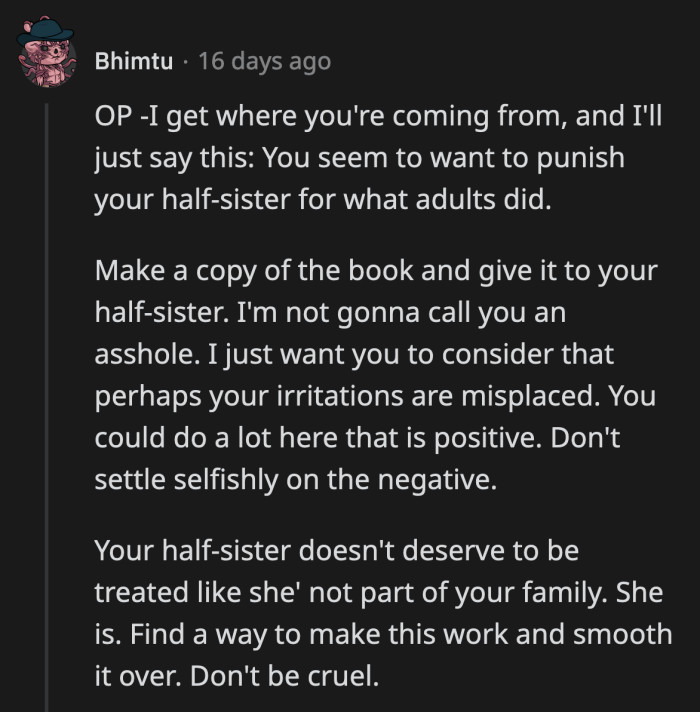 Is OP's anger misplaced? Is keeping the cookbook to herself her way of punishing her half-sibling?