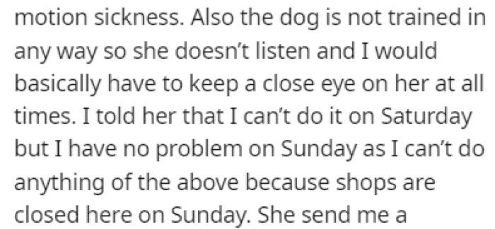 OP told the friend that they could watch the dog on Sunday instead