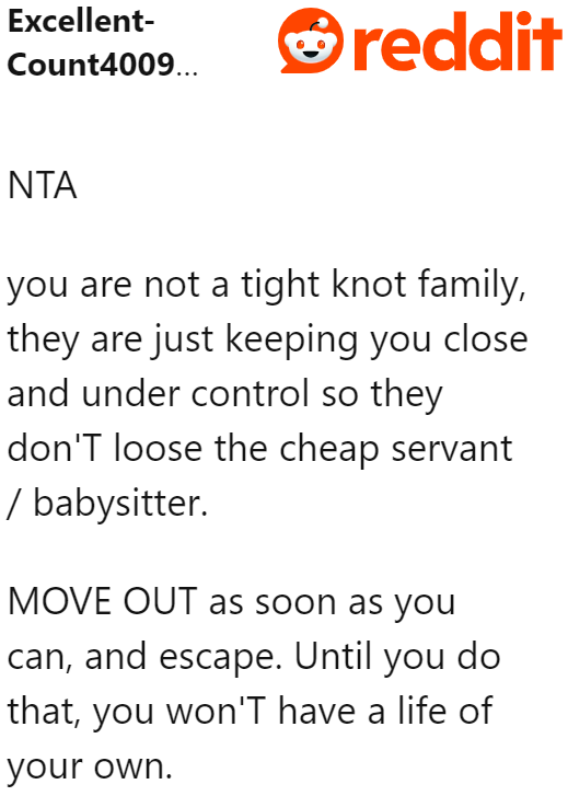 One user suggests that OP's parents are exerting control over him to avoid paying for childcare.