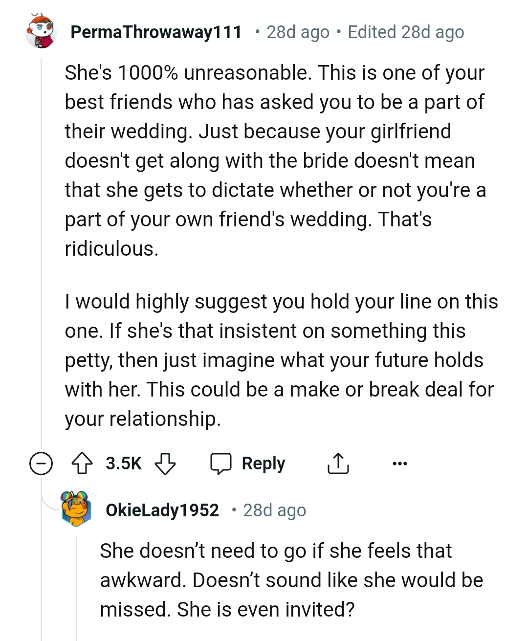 She can't dictate whether the OP should be a groomsman or not