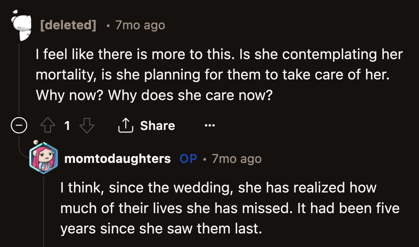 OP thinks her mom realized how much of her grandkids' milestones she missed when she saw them at the wedding.