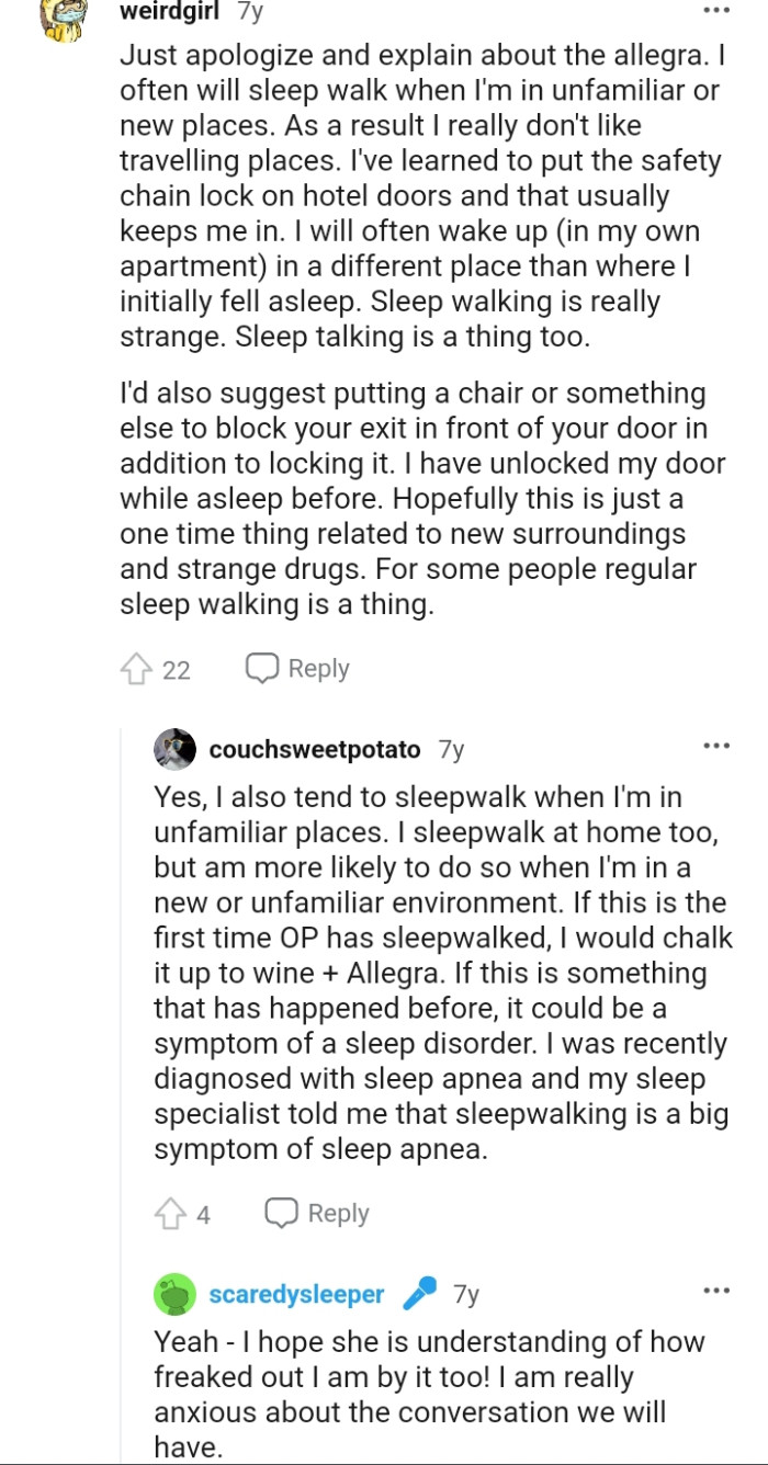 This redditor suggests putting a chair or something else to block OP's exit in front of her door