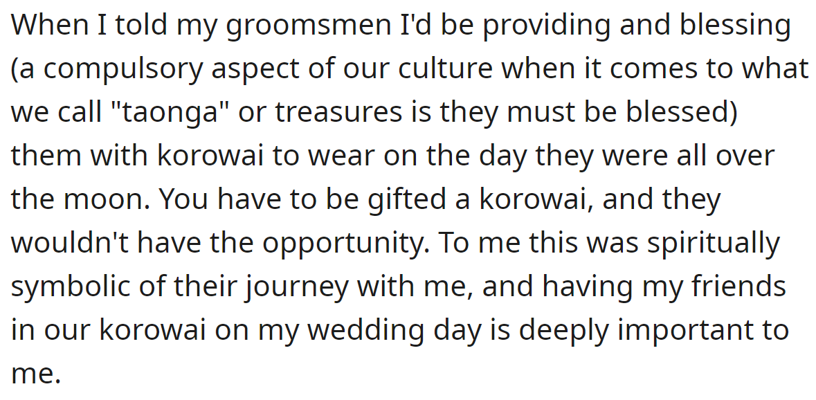 When the OP told his groomsmen about the korowai, they were excited: