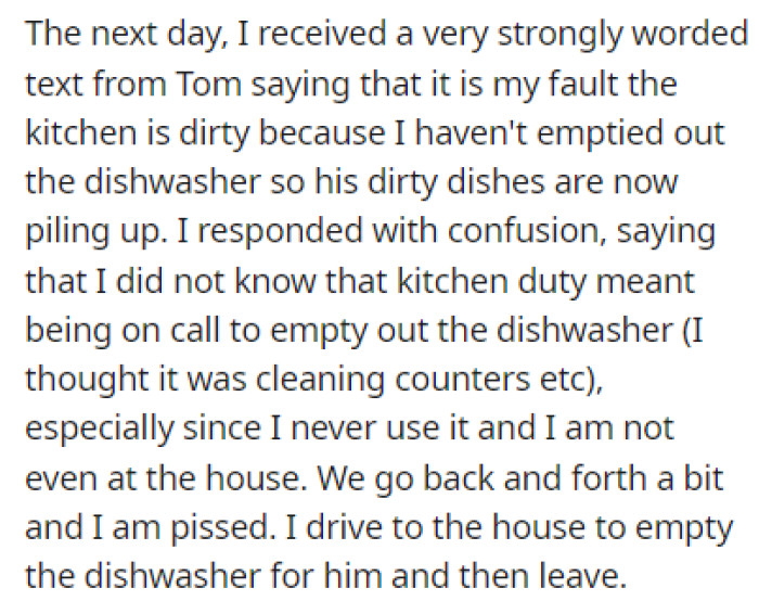 Tom used some heavy words in the text he sent to OP, scolding her for not emptying the dishwasher