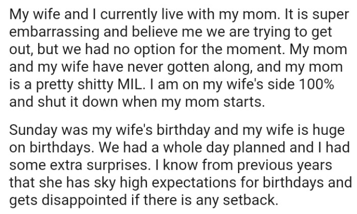 OP's mom and his wife have never gotten along, and his mom is a pretty sh*tty MIL