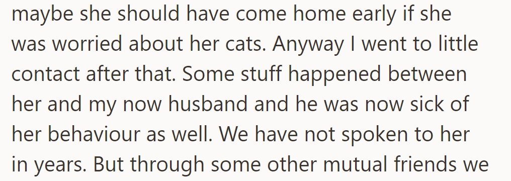 Cat neglect confrontation leads to silence for years due to issues with a friend and OP's husband.
