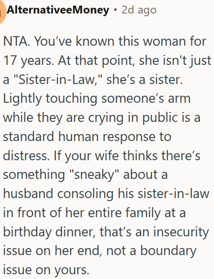 Comforting a crying sister-in-law in public is not a betrayal