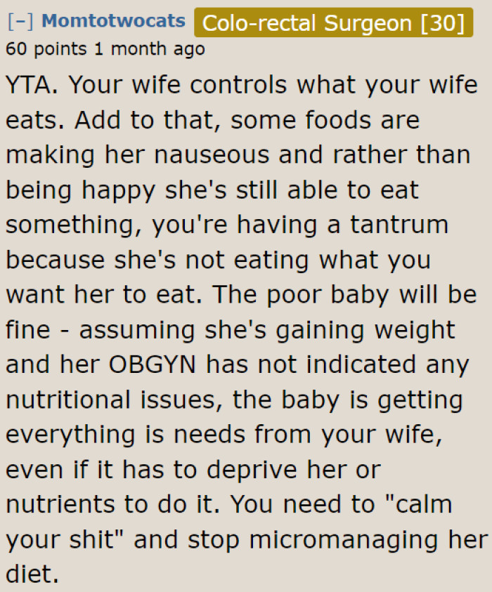 As long as there are no nutritional issues, his wife should be fine.