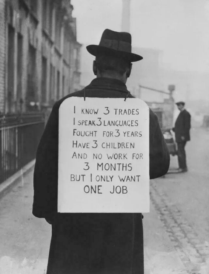 A man searching for work during the depths of the Great Depression, 1934.