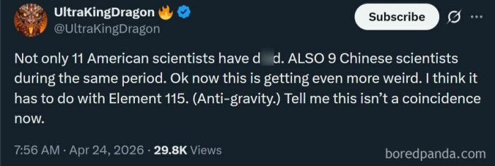 "This Is a Serious Issue. Also, Nine Chinese Scientists Have Reportedly D**d. Has Anyone Come Up with Any Relevant Theories About This?"