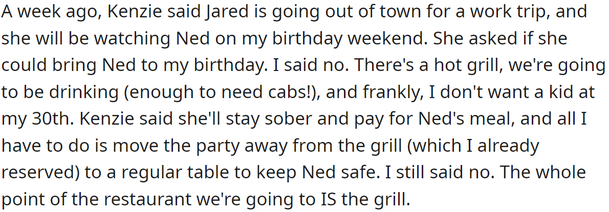 The OP refused Kenzie's request to adjust the celebration to her stepkid, saying she prefers it without children: