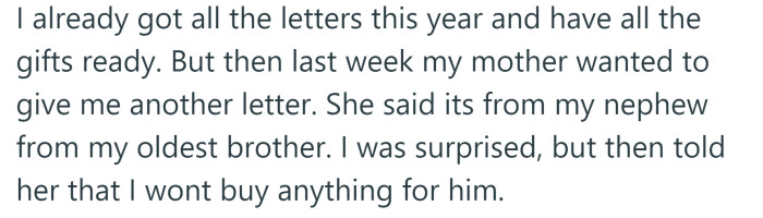 But the OP says he won't be buying a present for his nephew from his oldest brother.