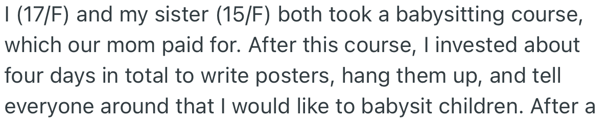 OP and her sister both took a babysitting course. On completion, she decided to advertise her services to prospective clients