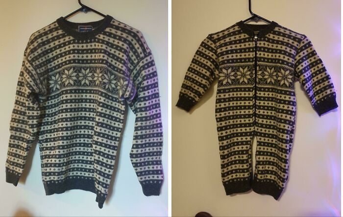 39. She hadn't won a sweater since 1996, but by repurposing a zipper from an old bag, she created a wool overall for her child.