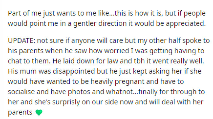 She came with an update as well, stating that her husband talked to his parents about this whole situation and tried to get them to understand.