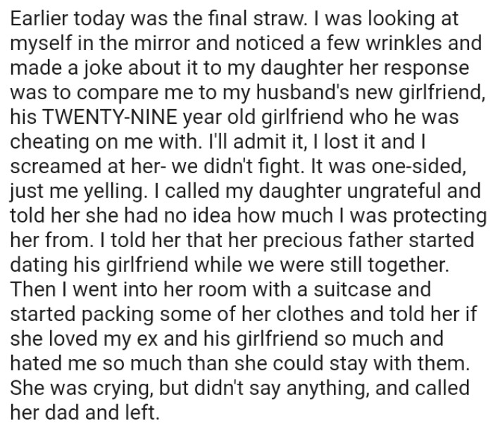 OP told her that her precious father started dating his girlfriend while they were still together