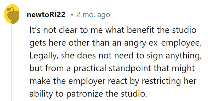 The studio's request sounds more like a plan for a dance-off with an ex-employee. Legally, she's in the clear, but practically, it could affect her studio access.