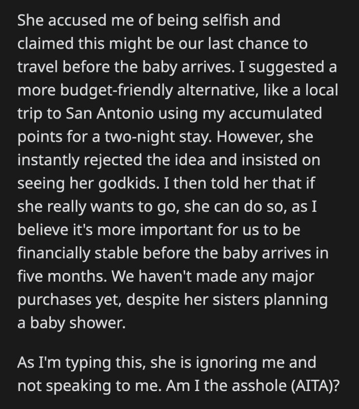 They haven't even bought any of the more expensive items that will be needed by their baby. Should OP just give in to his fiancée's request and go to Mexico with her?