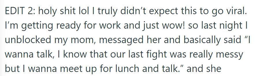 OP messaged her mom about meeting for lunch to discuss their messy fight.
