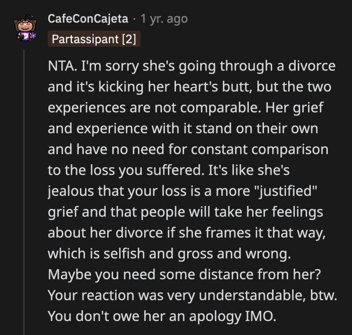 She's never even thought twice about how unfeeling her words are to OP, yet the moment OP retorts, she ends up crying foul