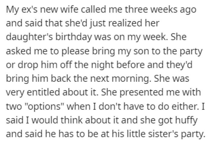 OP's ex's new wife called her up to tell her to bring her son to her daughter's birthday party