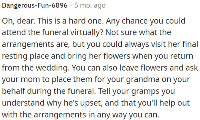 OP can visit the grave later with flowers after the wedding.
