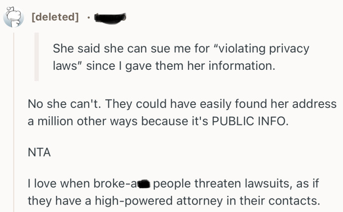 “No she can't. They could have easily found her address a million other ways because it's PUBLIC INFO.”