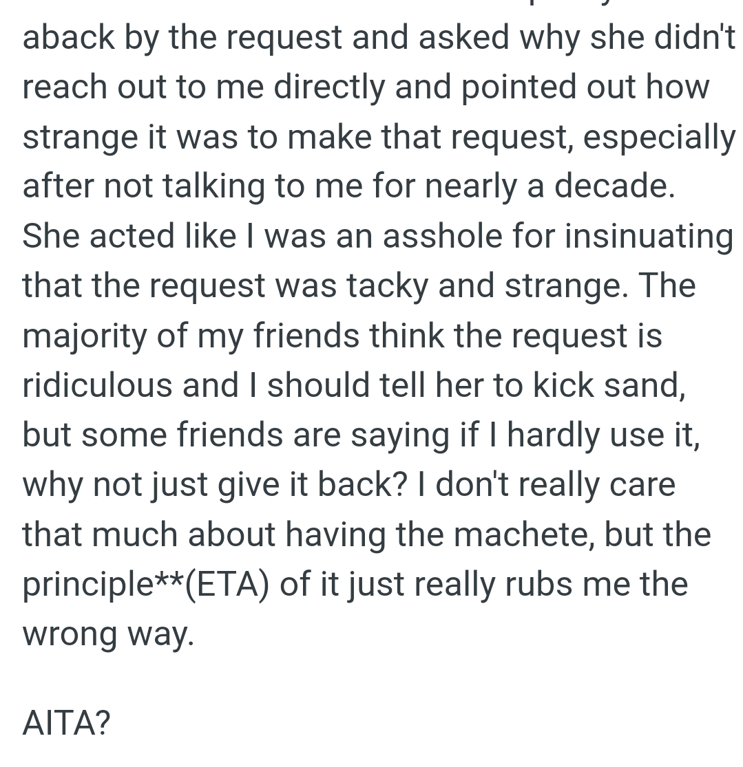 She acted like the OP was an AH for insinuating that the request was tacky and strange