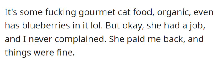 She splurged on gourmet, organic cat food, but when employed, she reimbursed without issues, maintaining a smooth dynamic between them.