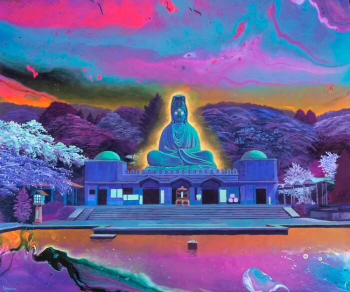 Ascent vaporwave landscape with Quiet Breeze mood, upward path, Discovery theme, glowing sky
