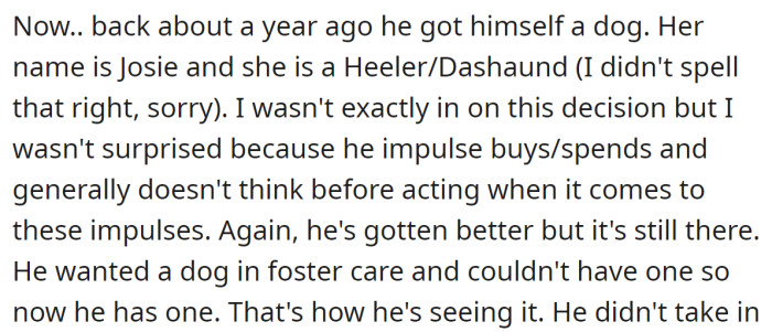 Her husband got a dog about a year ago, but that decision wasn't thoughtful: