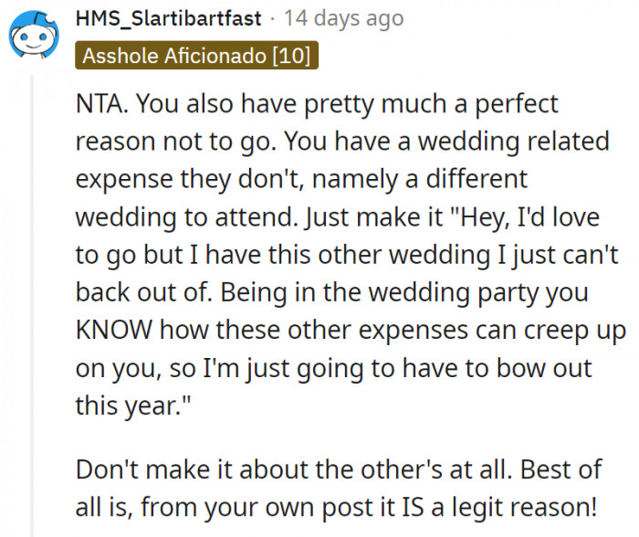 15. OP could try making it about the expenses