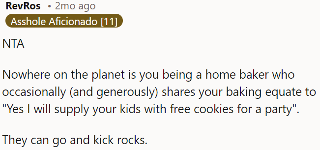 Just because OP bakes at home and shares occasionally doesn't mean she is obligated to supply free cookies for a party.