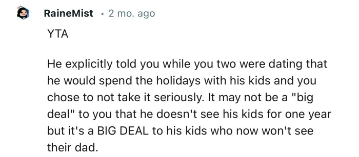 “It may not be a ‘big deal’ to you that he doesn't see his kids for one year, but it's a BIG DEAL to his kids who now won't see their dad.”
