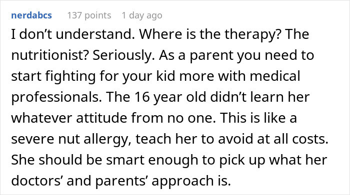 Some even advised the daughter to seek professional assistance because her actions might be seen as self-harm or an indication of an eating disorder.
