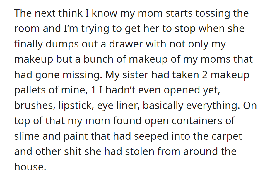 Mom searches the sister's room and discovers missing makeup, Mom's items, slime, paint stains, and stolen belongings.