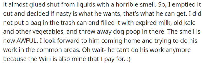 Fed up with their untidy roommate, OP left the trash can unbagged, filled it with rotten food and dog waste, and controlled the WiFi, adding to their roommate's discomfort.